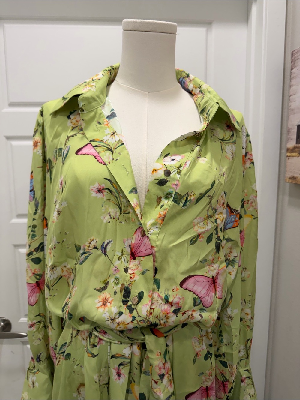 OO LALA Light Green Floral & Butterfly Maxi Shirt Dress - Picture 2 of 6